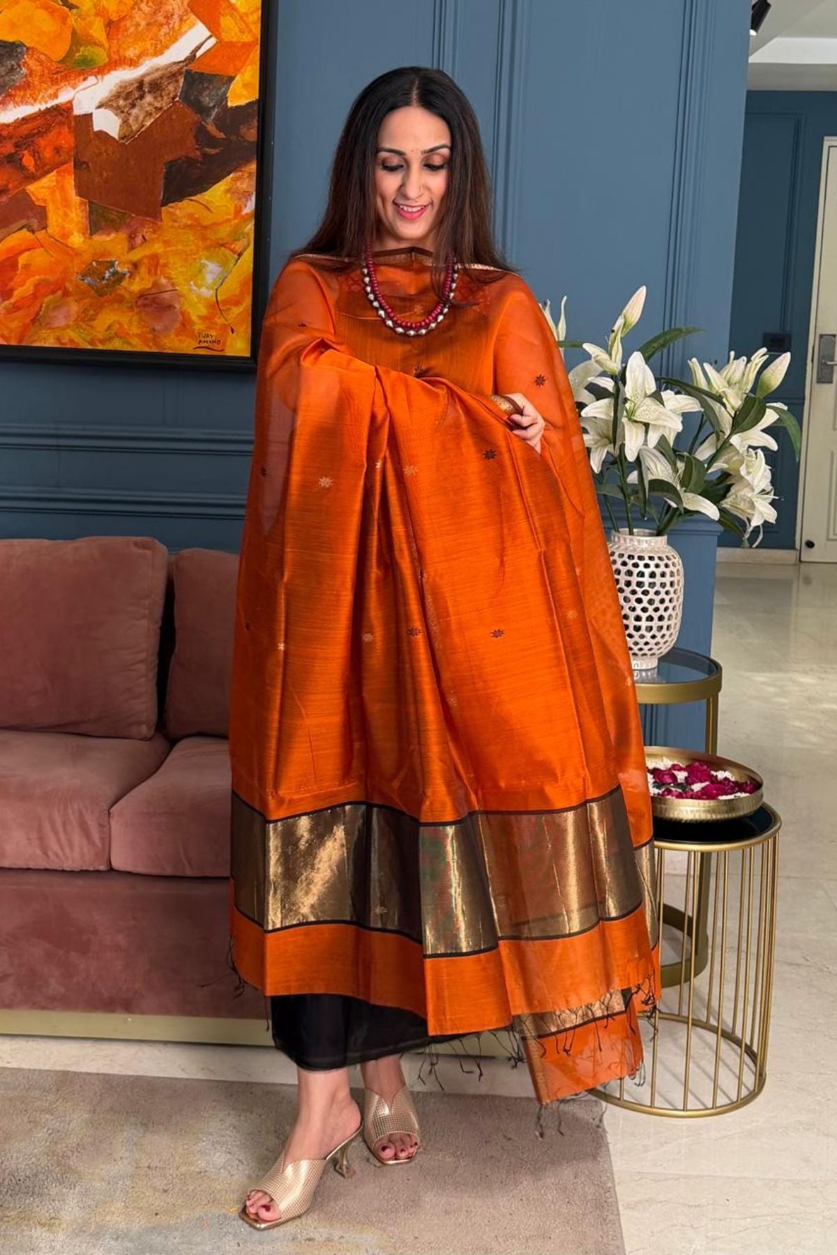 Maheshwari handloom silk by cotton kurta dupatta set